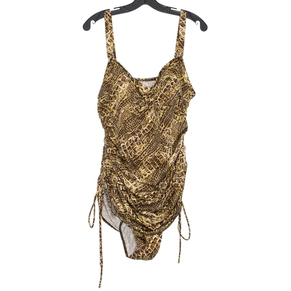 One Piece Swimsuit Crocodile Boho Vacation Resort Mesh Panel Brown Plus Size 24